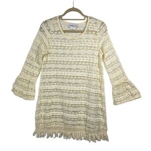 Camille & Co Cream Floral Lace Tunic Mini Dress Fringe Bell Sleeve Small Sheer